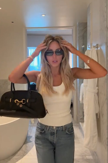 White Tank Top, Denim Jeans and Miu Miu Aventure Bag