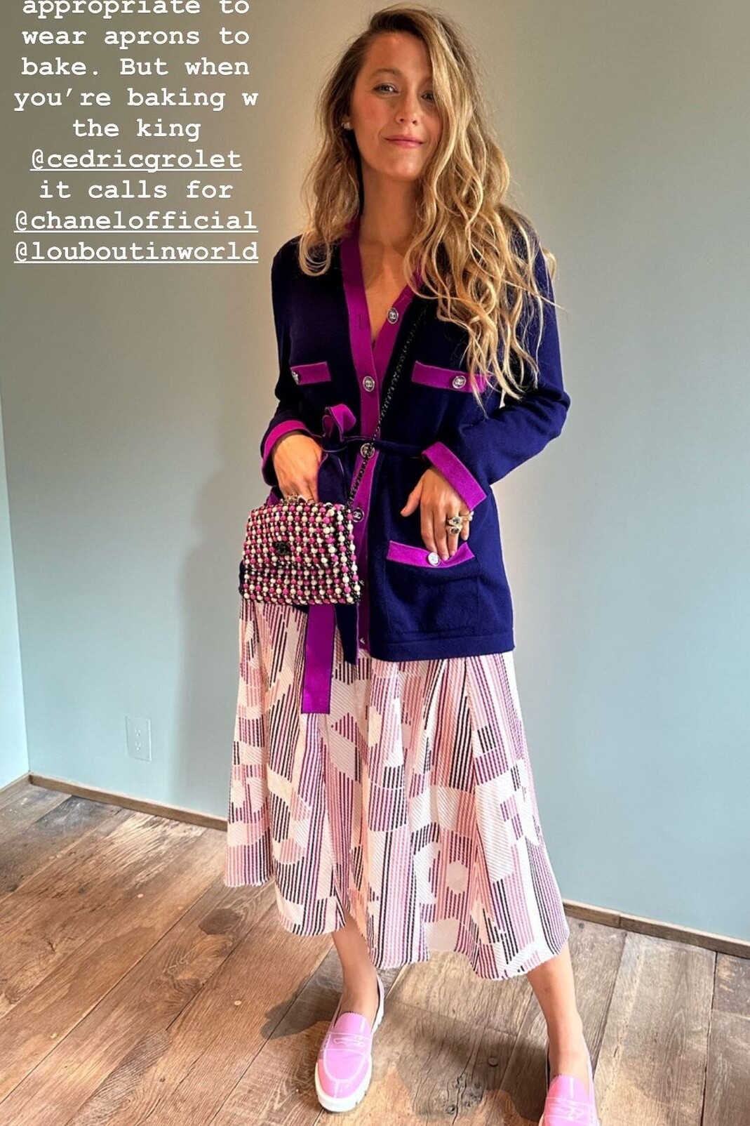 Chanel Cardigan, Printed Skirt and Louboutin Loafers