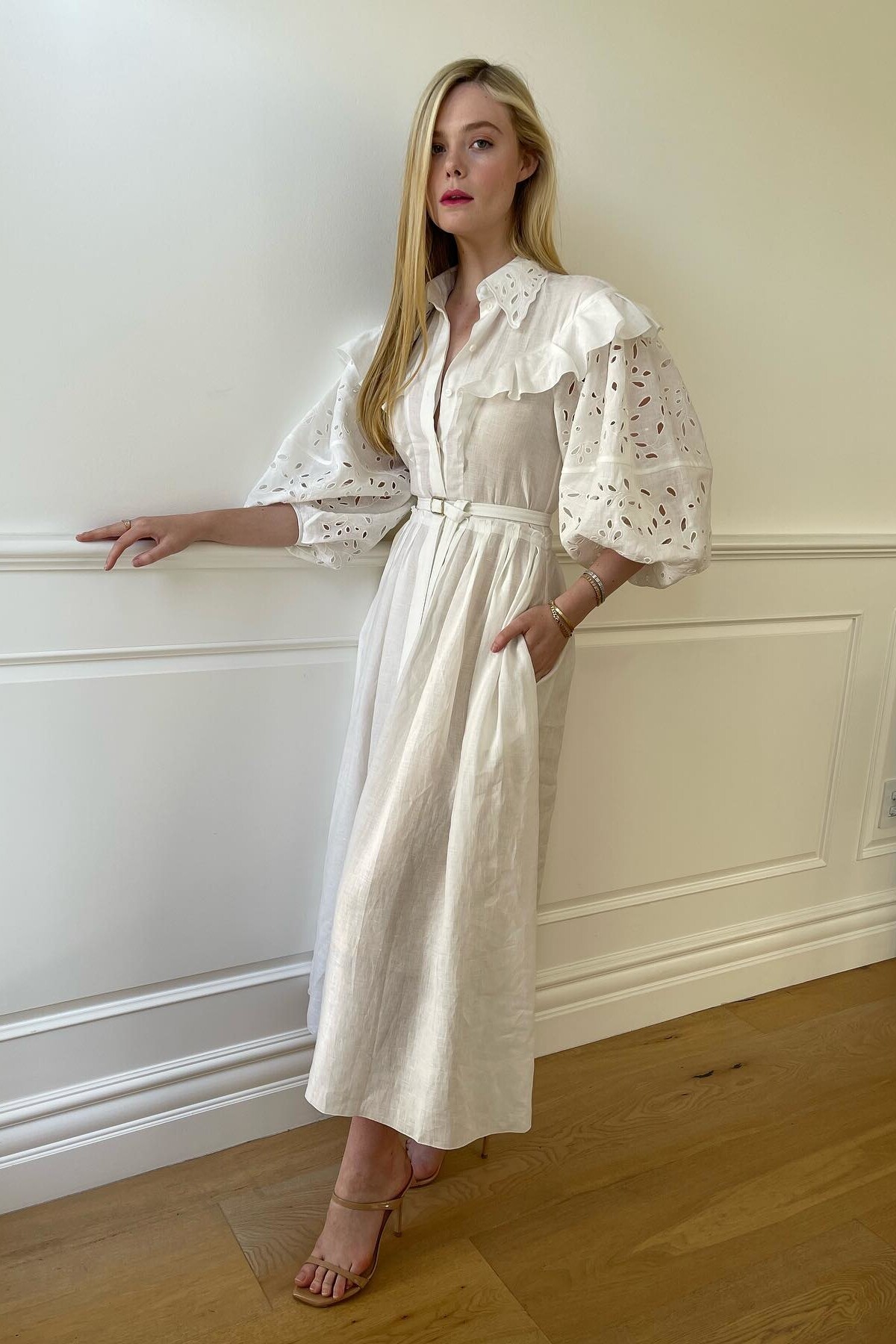 White Eyelet Balloon Sleeve Dress and Strappy Sandals