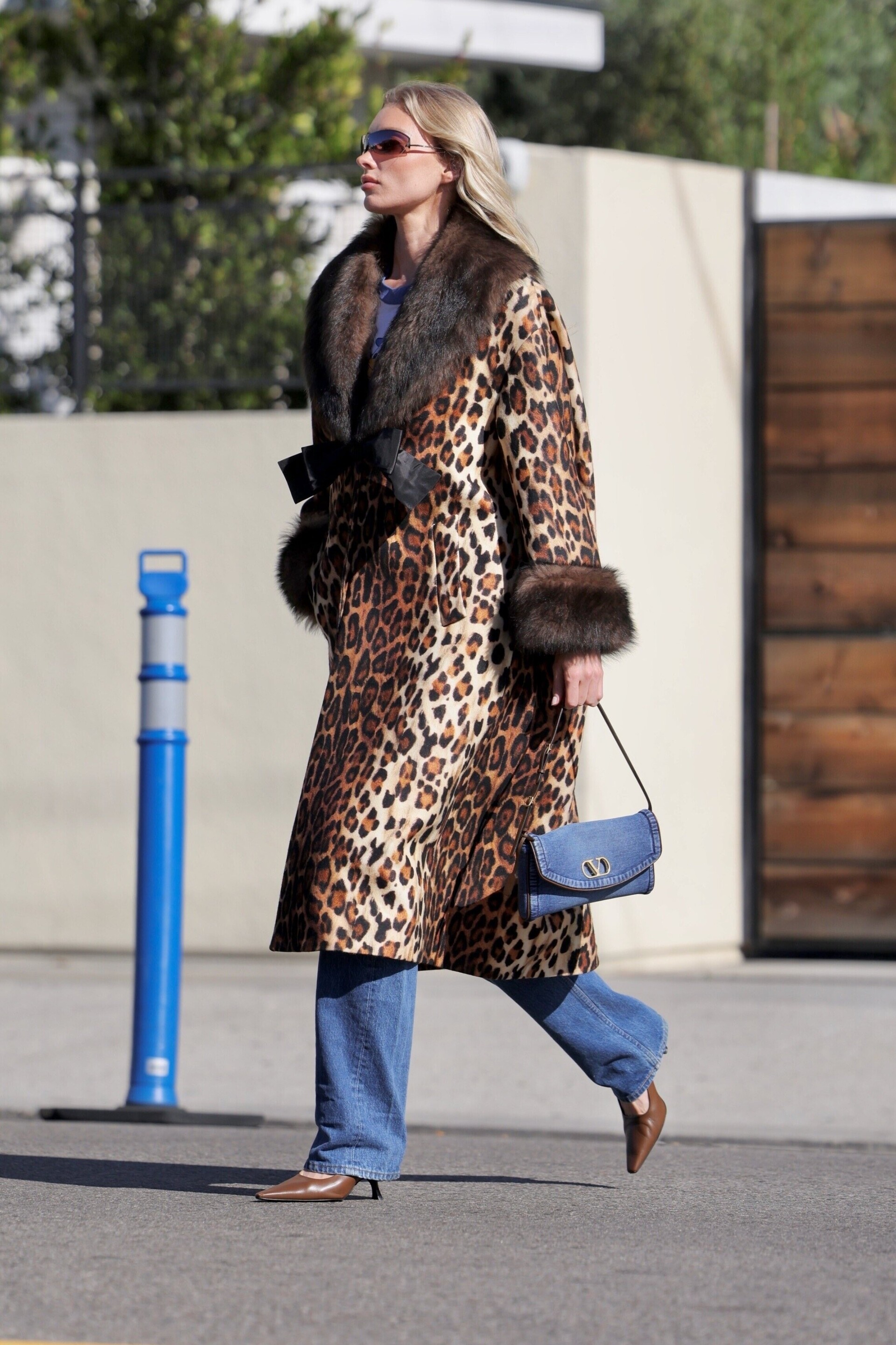 Leopard Print Fur-Trim Coat and Denim Bag