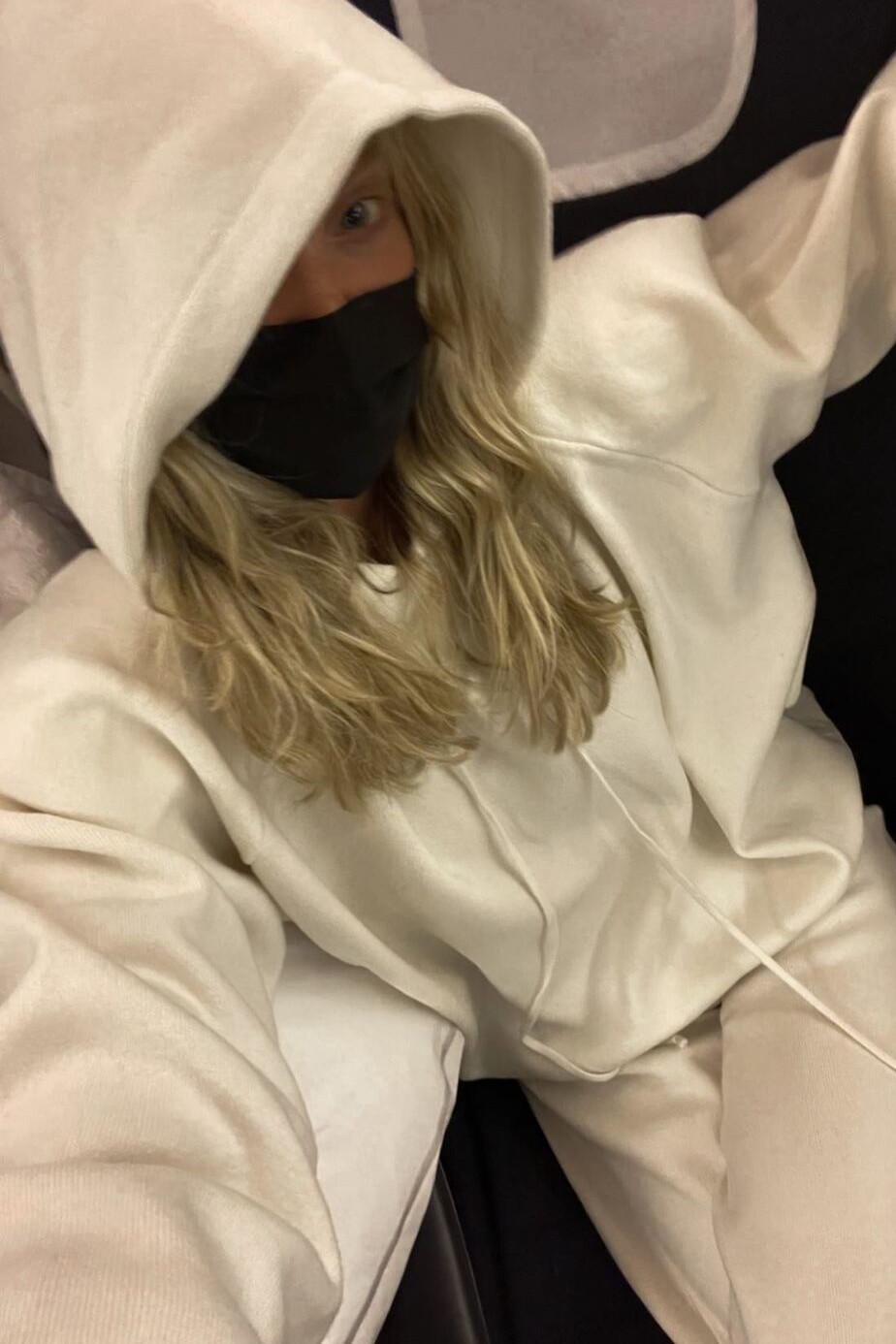 Cream Hooded Knit Sweater and Flare Jogging Pants