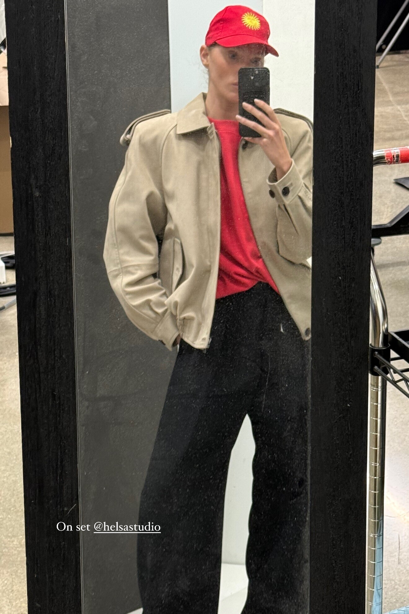 Beige Harrington Jacket and Red Tee with Baseball Cap