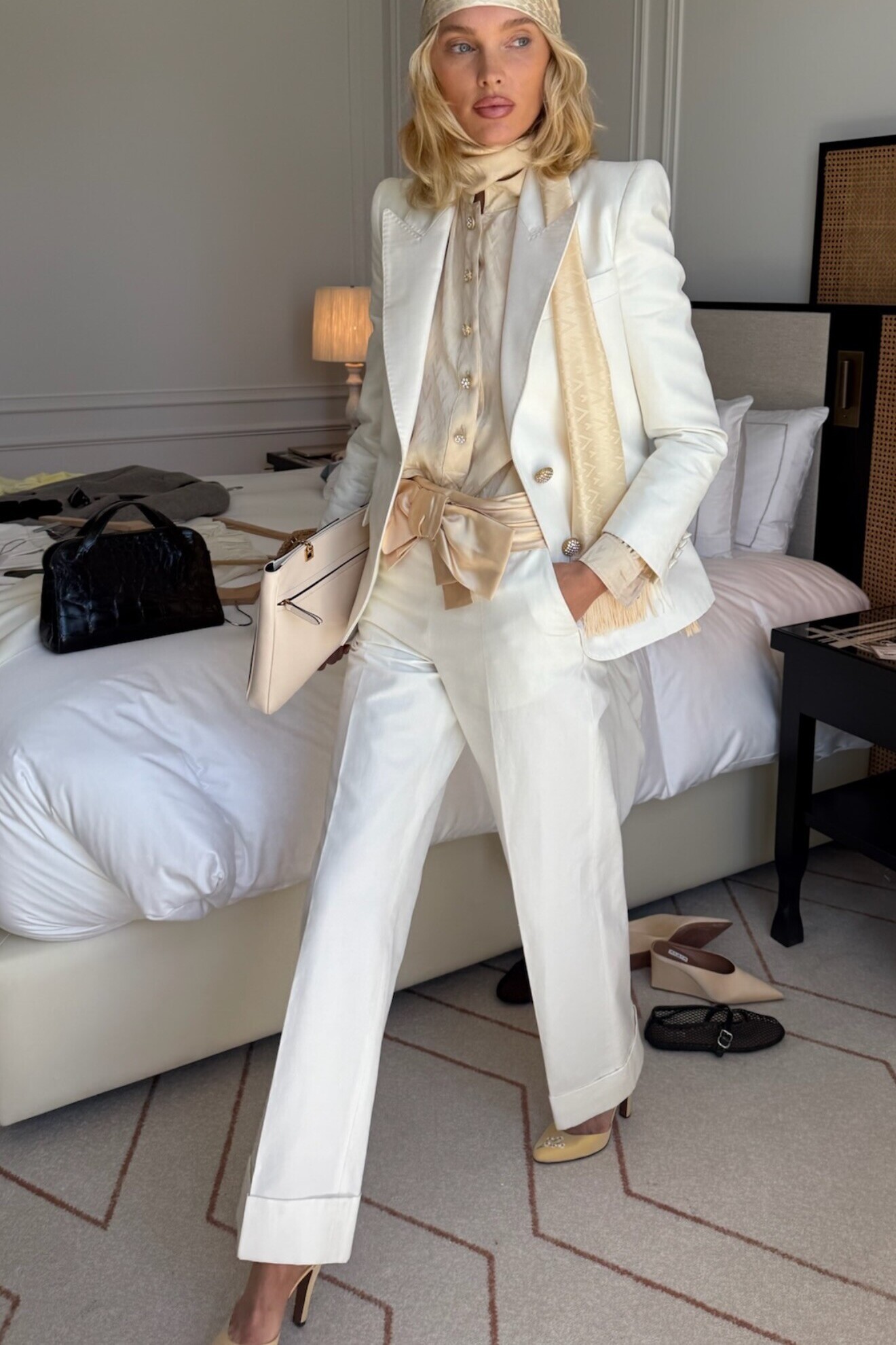 White Tailored Suit with Gold Satin Accents