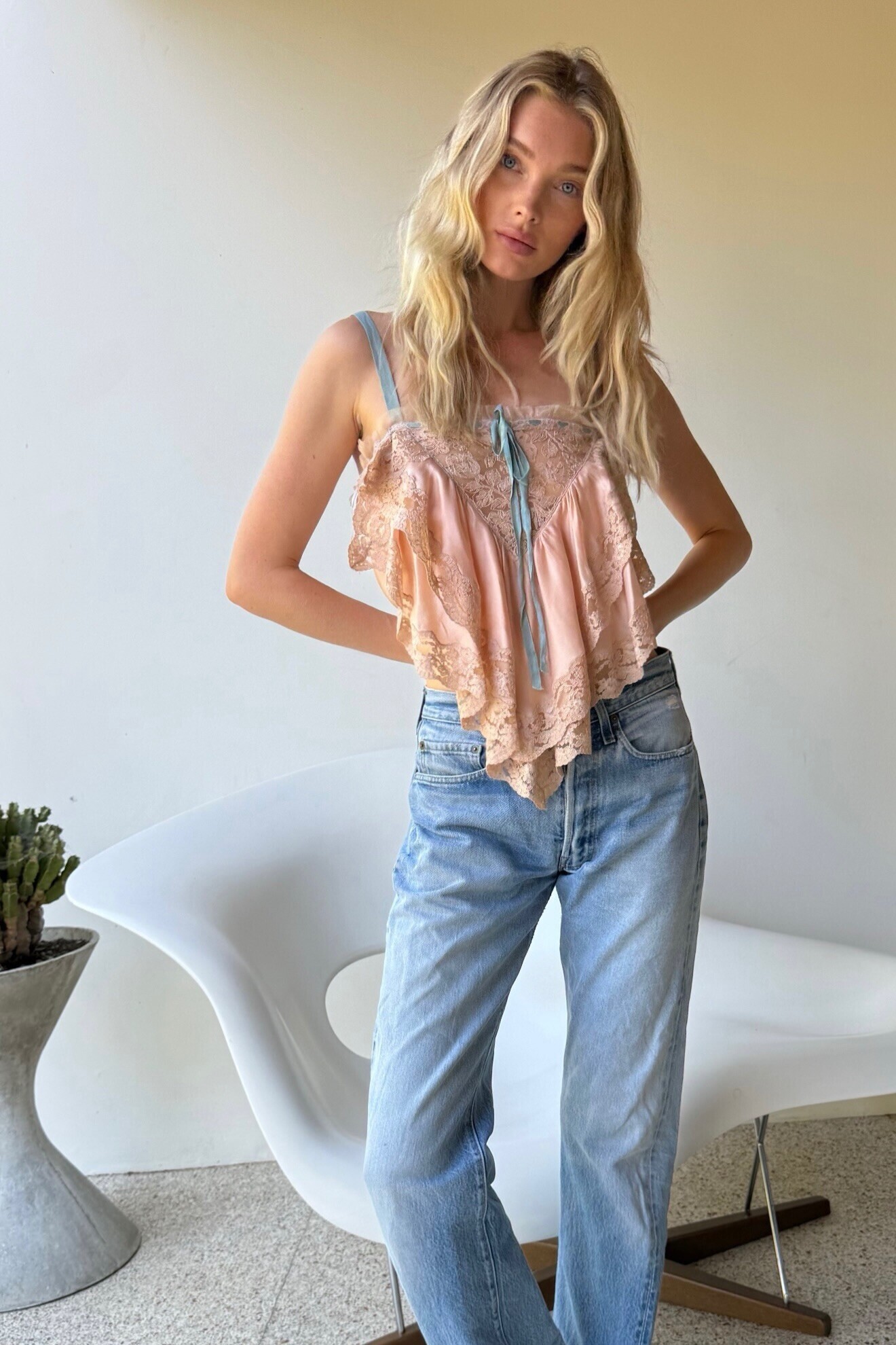 Ruffled Silk Camisole and Straight Leg Jeans