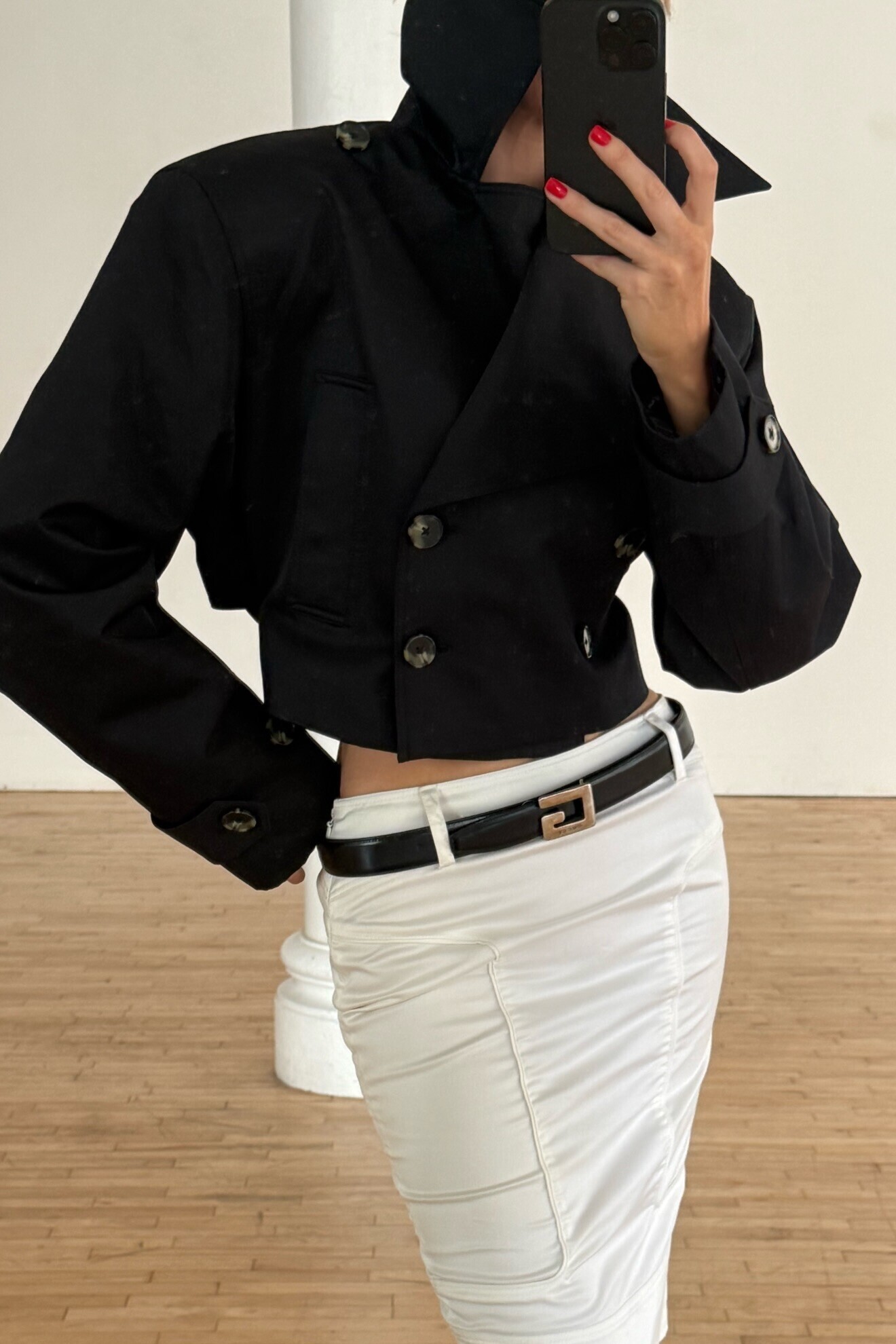 Cropped Black Blazer and White Ruched Skirt