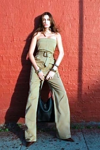 Strapless Gabardine Jumpsuit and Leather Tote