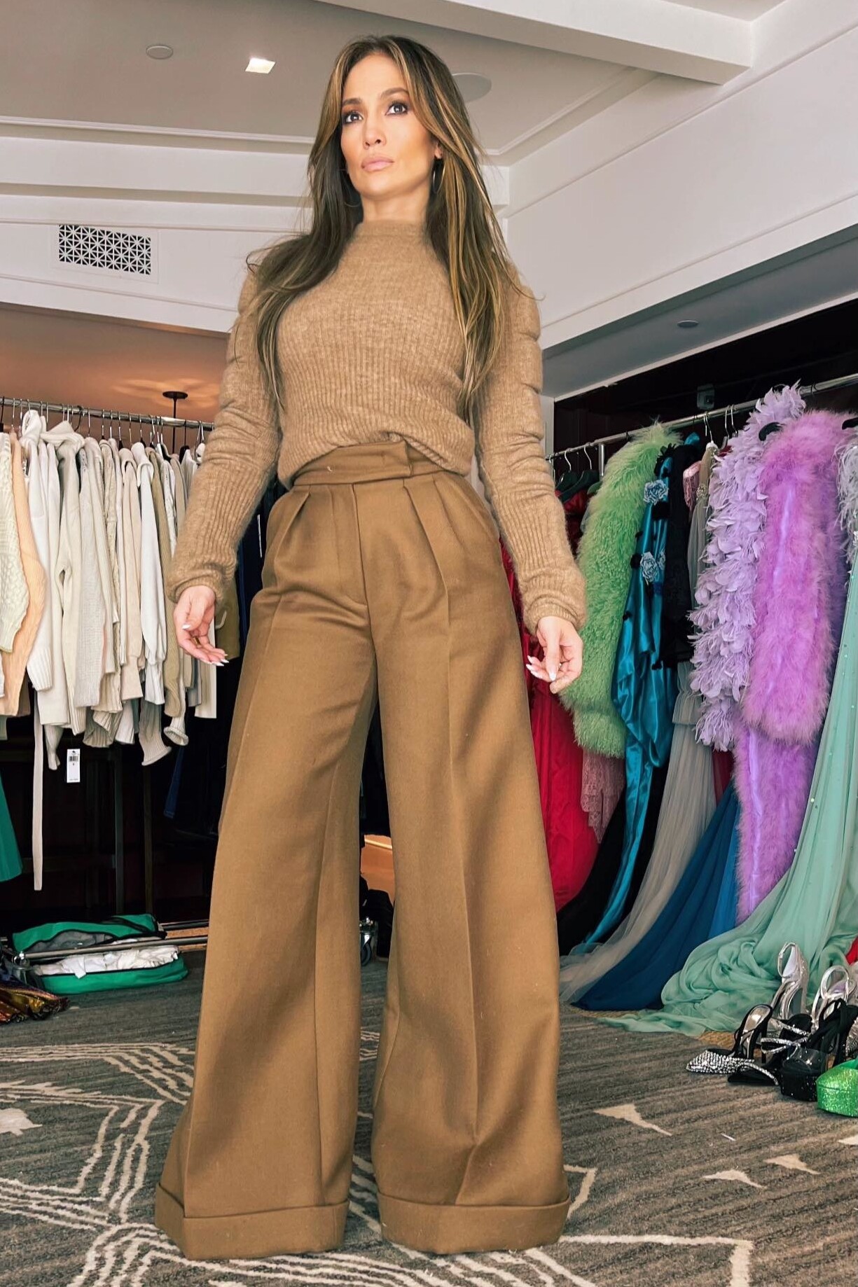 Camel Knit Sweater and Wide-Leg Wool Trousers