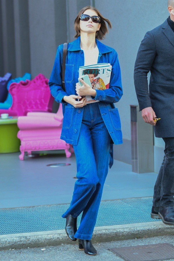 Belted Denim Jacket and High-Rise Wide-Leg Jeans