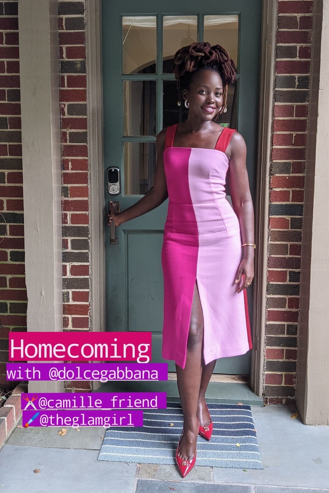 Two-Tone Pink Midi Dress and Red Pumps