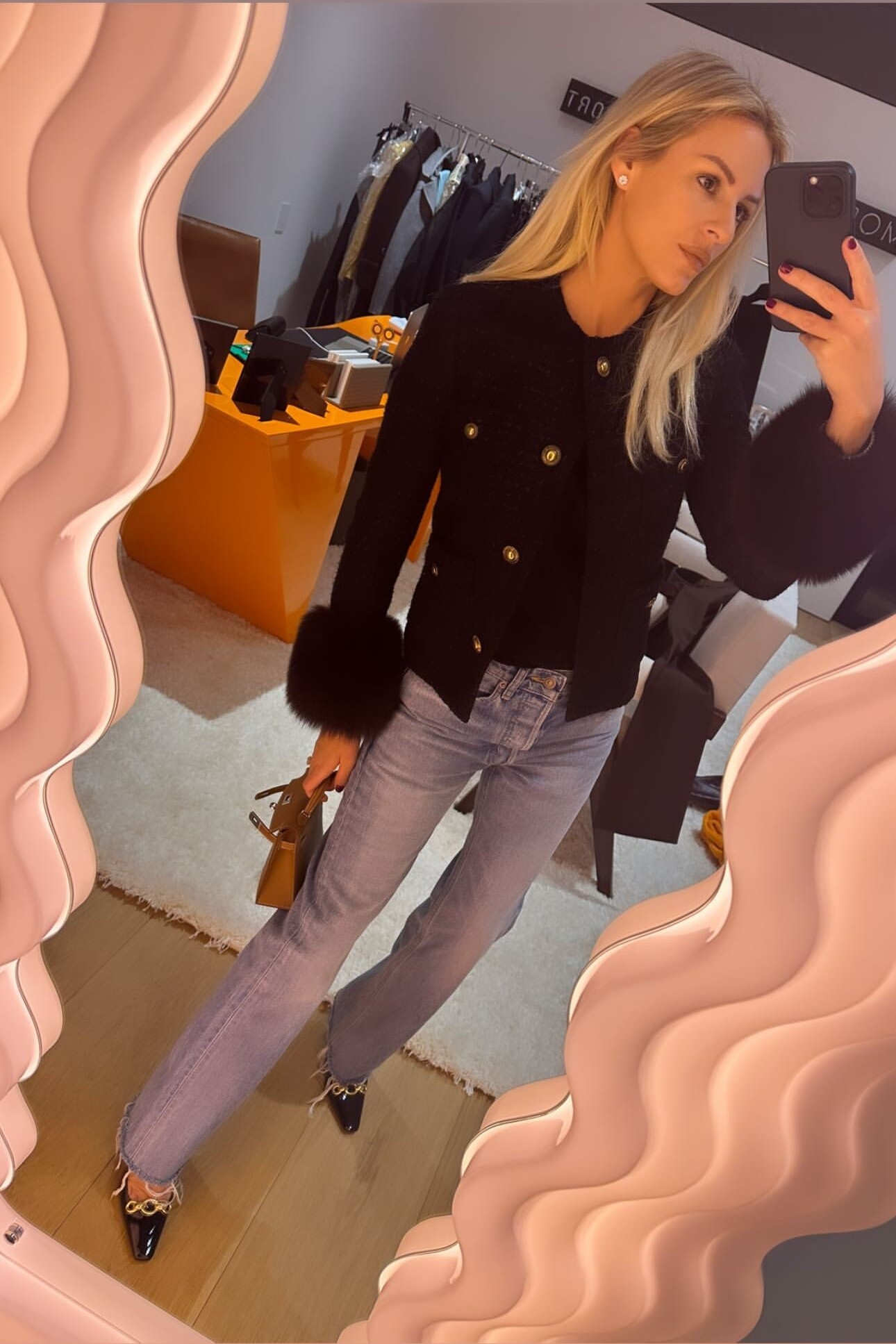 Tweed Jacket with Faux Fur Cuffs and Denim