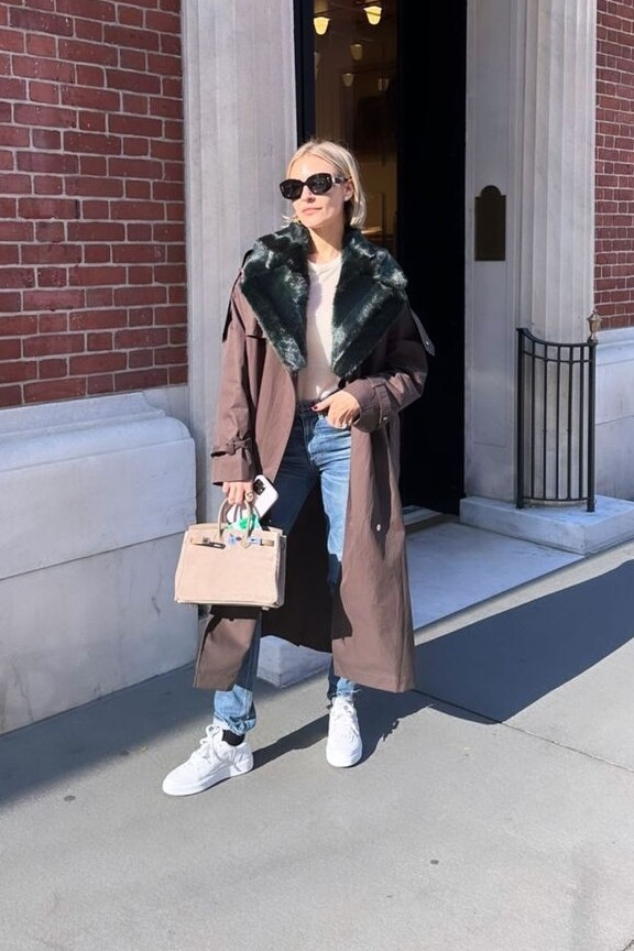 Trench Coat with Fur Collar and Birkin Bag
