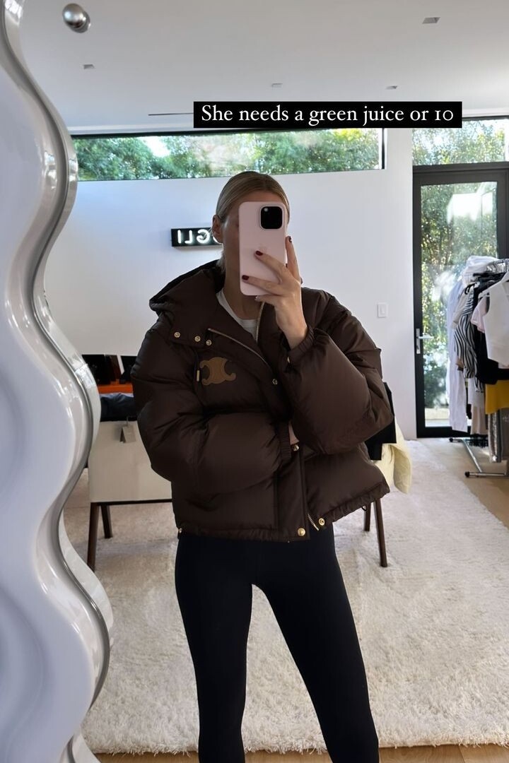 Celine Puffer Jacket and Black Leggings