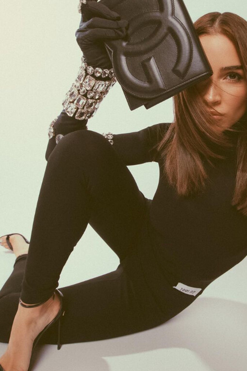 Black Bodysuit with DG Logo Bag and Bejeweled Gloves