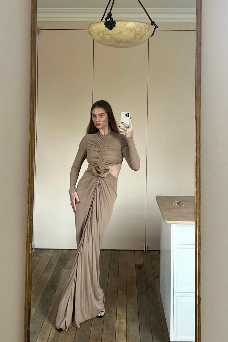 Taupe Cut-Out Jersey Gown and Slingback Heels