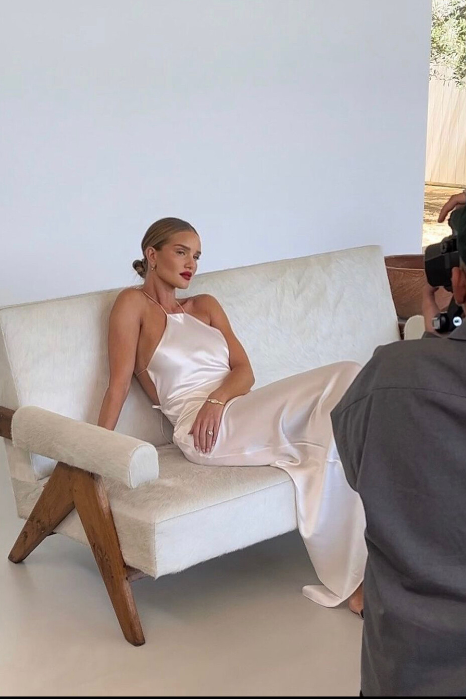 White Satin Halter Gown and Diamond Jewelry