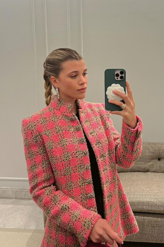 Pink and Grey Check Tweed Jacket with Hoop Earrings