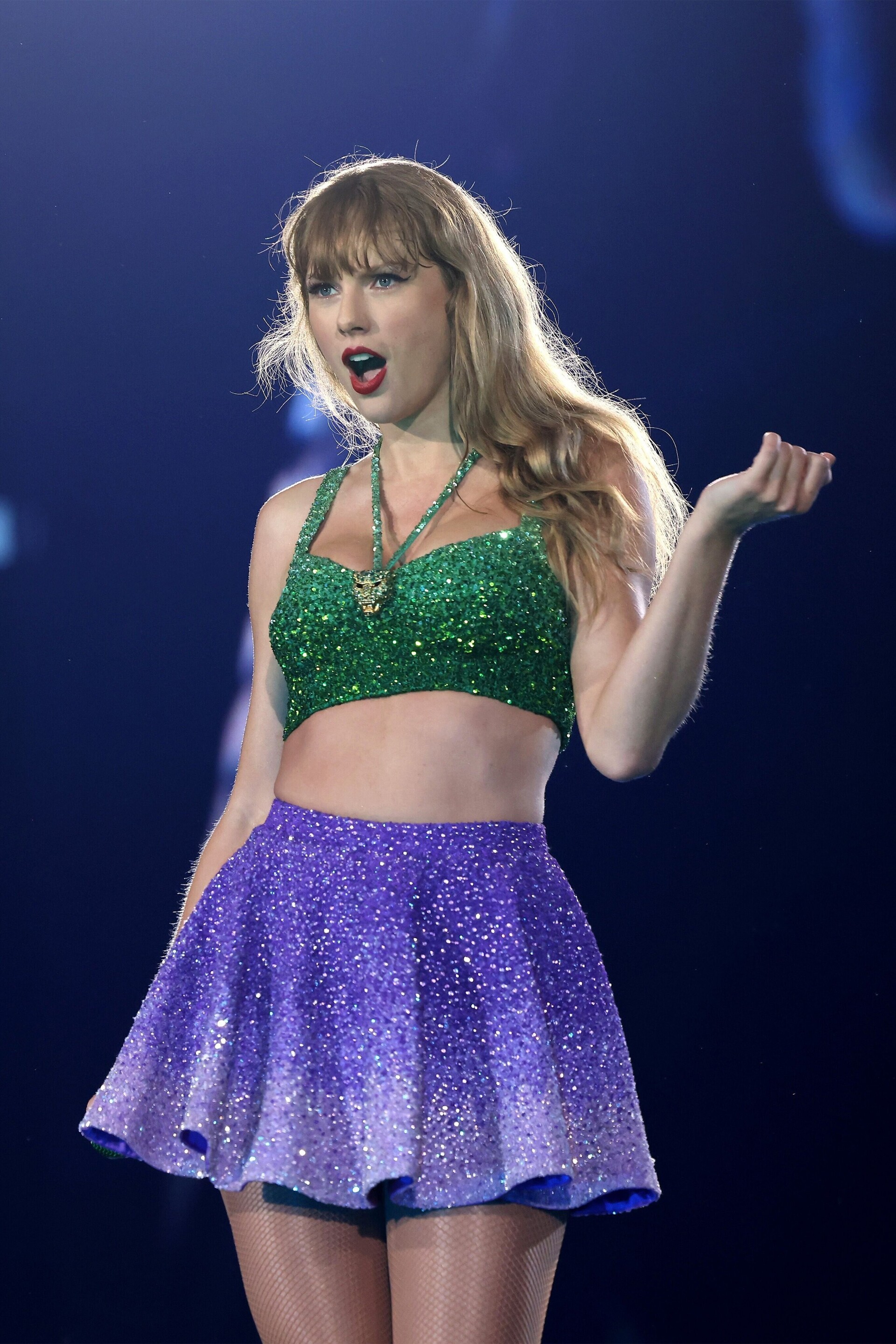Sequined Green Crop Top and Purple Ombre Skater Skirt