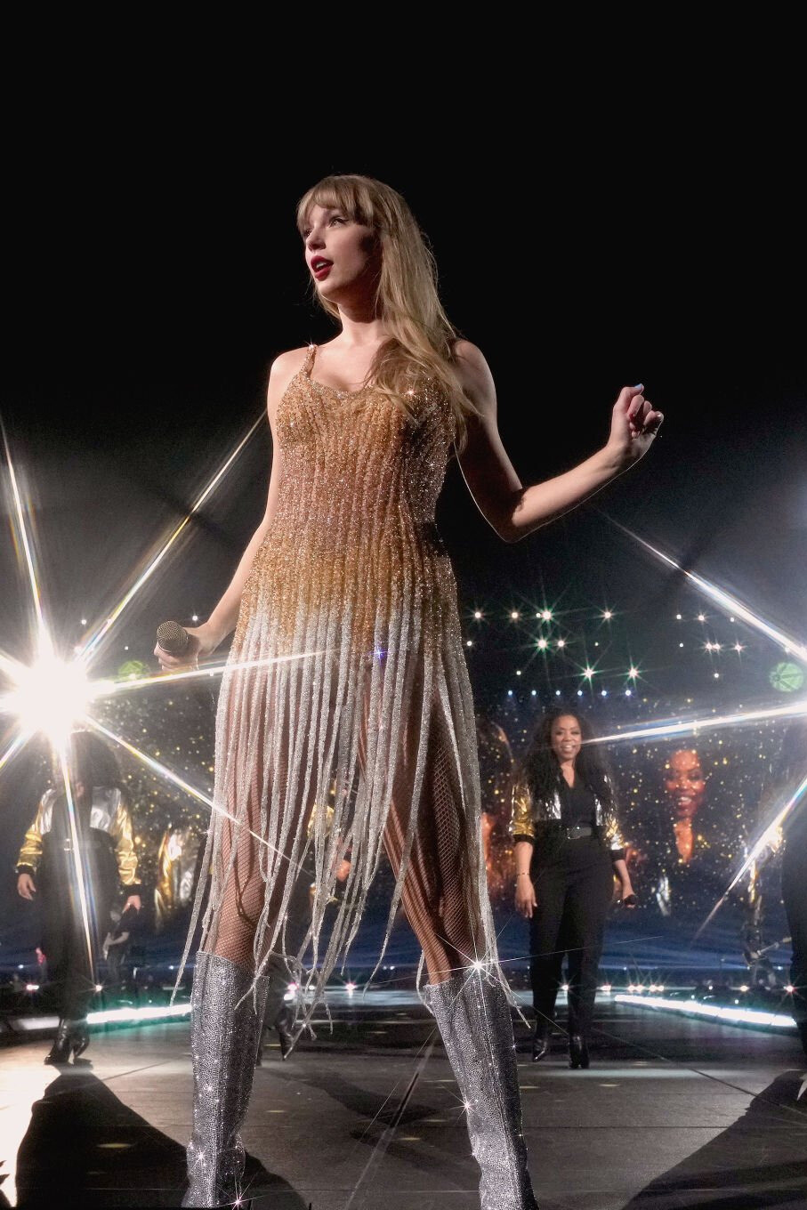 Gold Ombre Fringe Mini Dress and Silver Boots