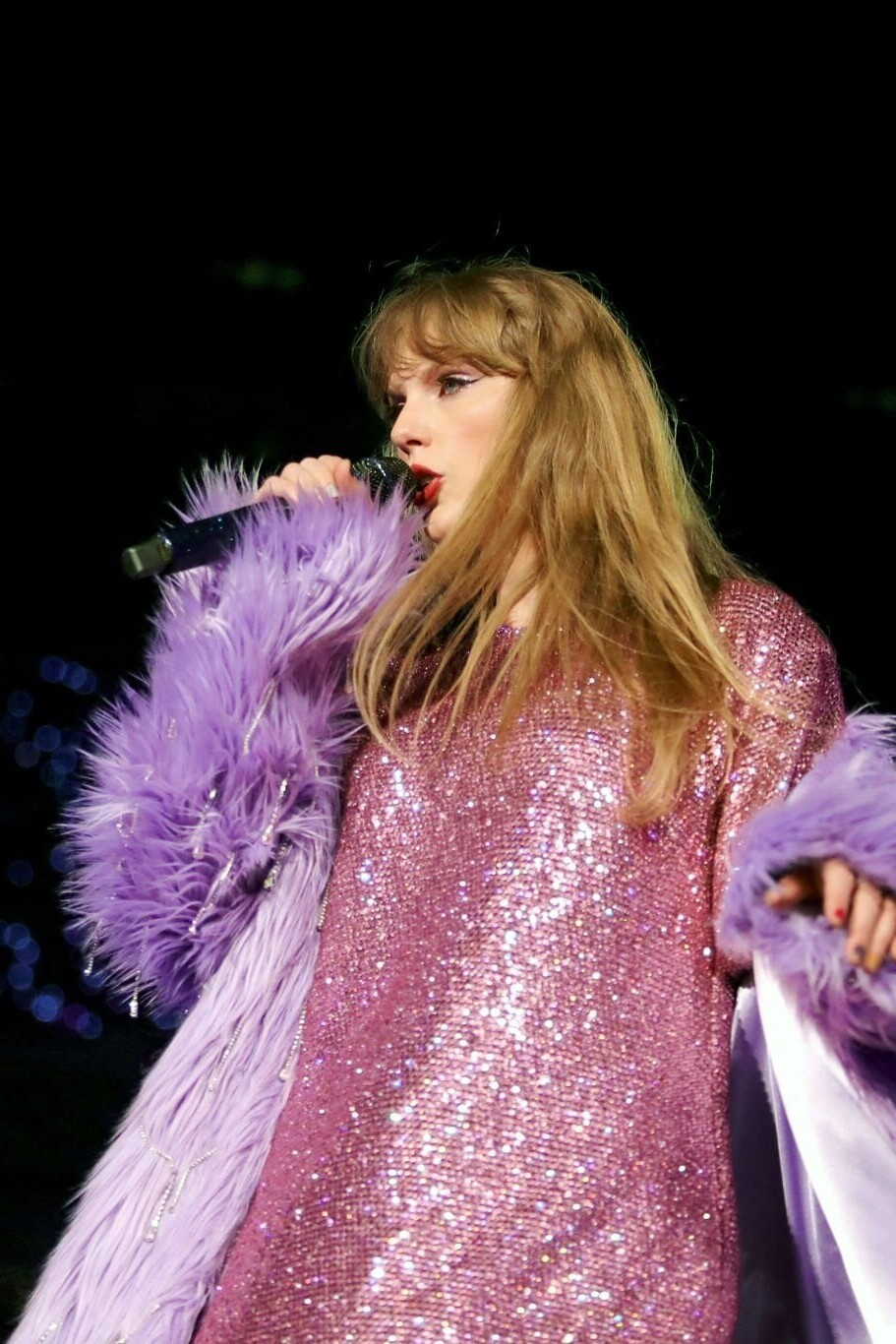 Pink Crystal T-Shirt and Purple Sequin Faux Fur Coat