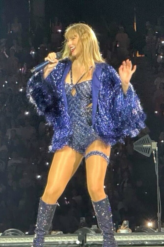 Blue Beaded Bodysuit and Fringed Sequin Jacket