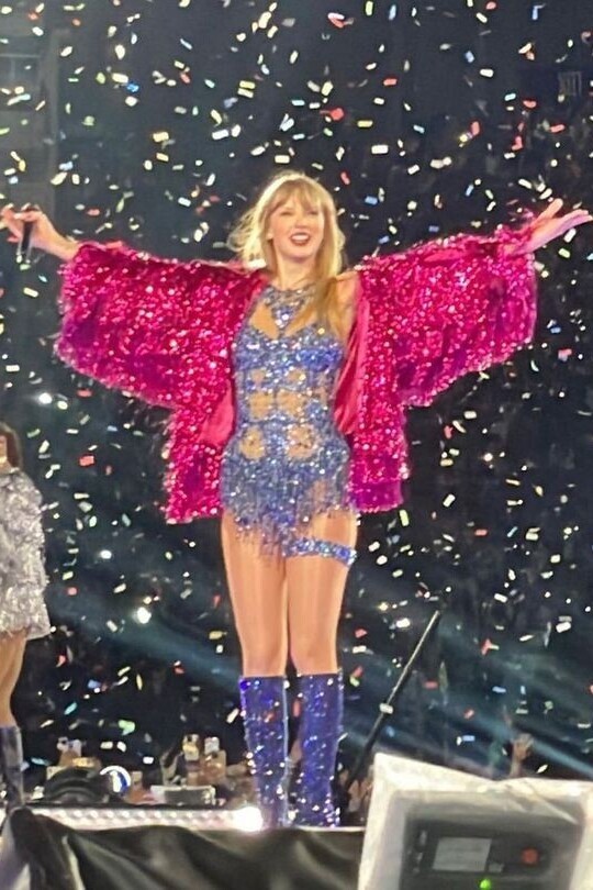 Magenta Sequin Karma Jacket and Blue Beaded Bodysuit