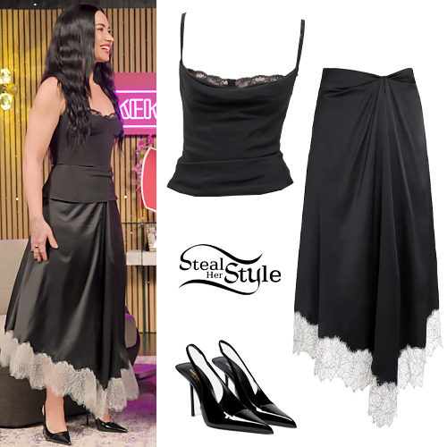 Black Silk Lace-Trimmed Top and Asymmetric Skirt