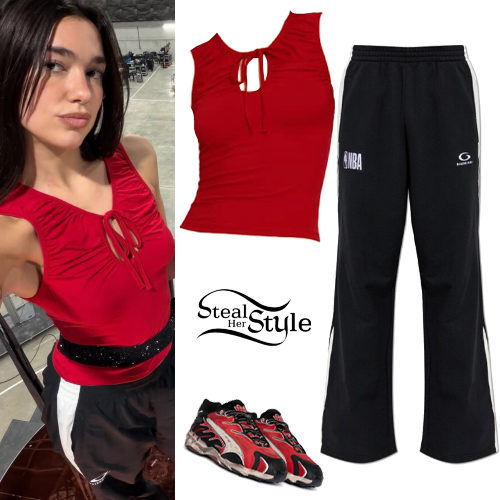 Red Reformation Knit Top and Balenciaga sweatpants