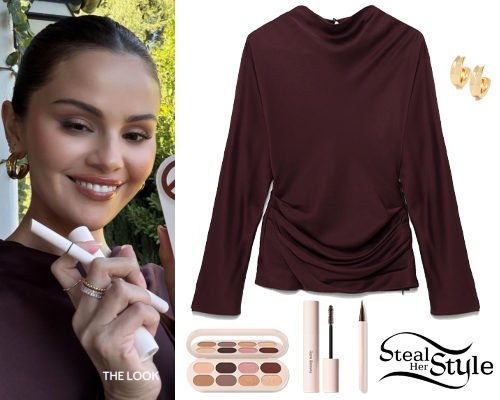 Draped Satin Blouse and Gold Hoops