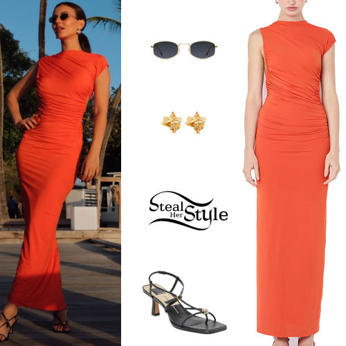 Orange Ruched Maxi Dress and Black Sandals