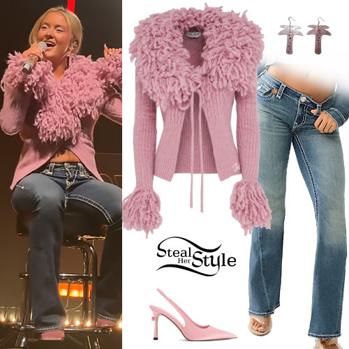 Pink Shaggy Knit Cardigan and Low Rise Flare Jeans