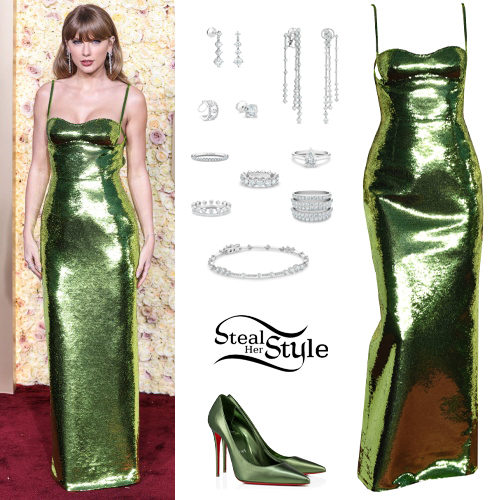 Green Sequin Floor-Length Gown and Satin Pumps