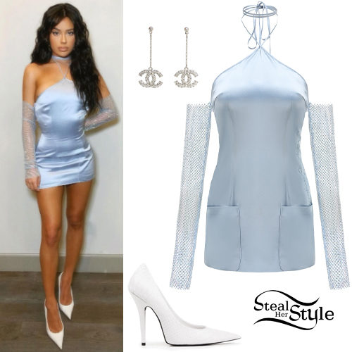 Blue Crystal Dress, White Pumps