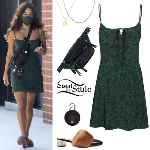 Green Mini Dress, Fur Mules