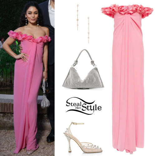 Pink Floral Off-shoulder Gown and Crystal Mesh Pumps