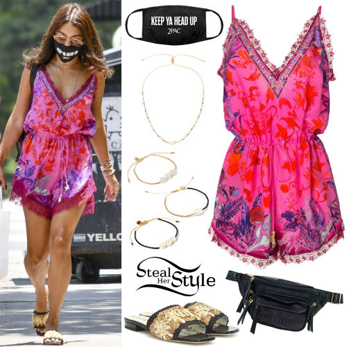 Pink Printed Romper, Flat Sandals