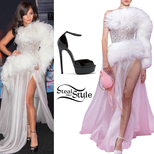 White Feather Gown, Black Shoes