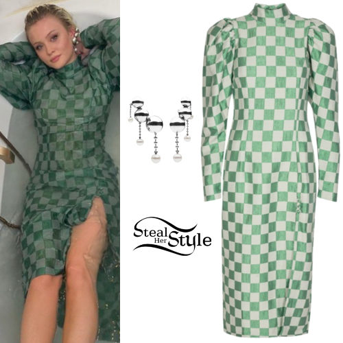 Green Check Dress, Silver Earrings