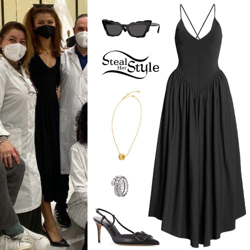 Black Khaite Midi Dress and Slingback Pumps